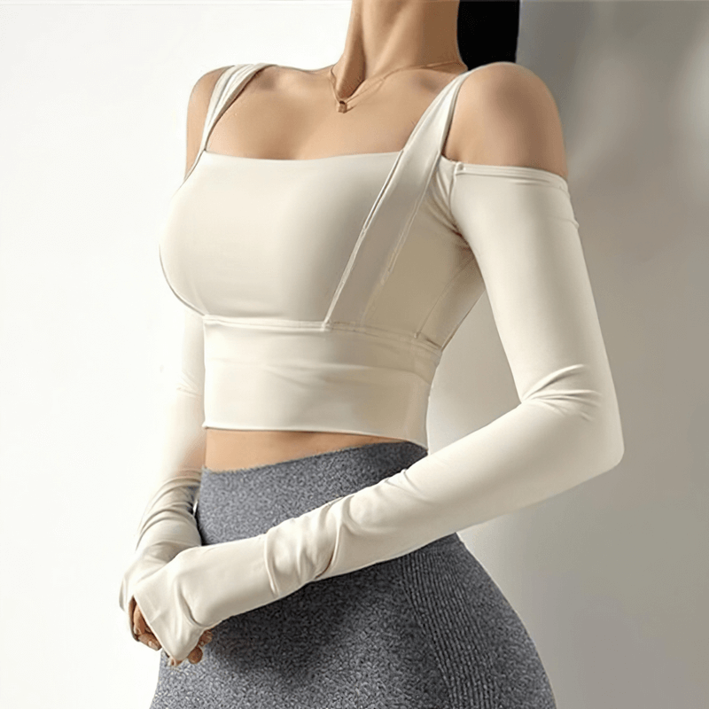 Chic women's long sleeve crop top with open shoulders in white, perfect for the gym, flexible and breathable fit.